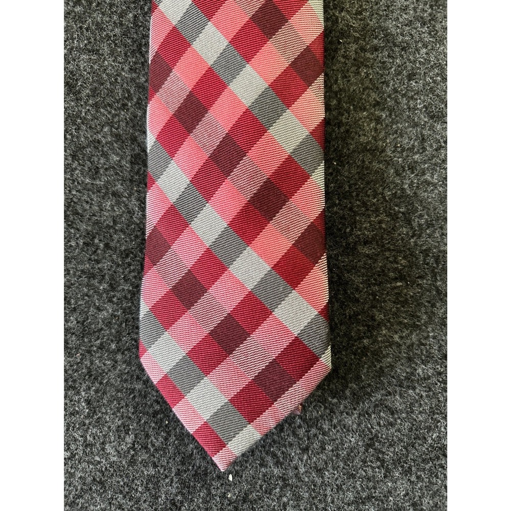 The Tie Bar Mens Red Burgundy‎ Grey Gingham Plaid Wool Silk Blend Necktie 2.5"